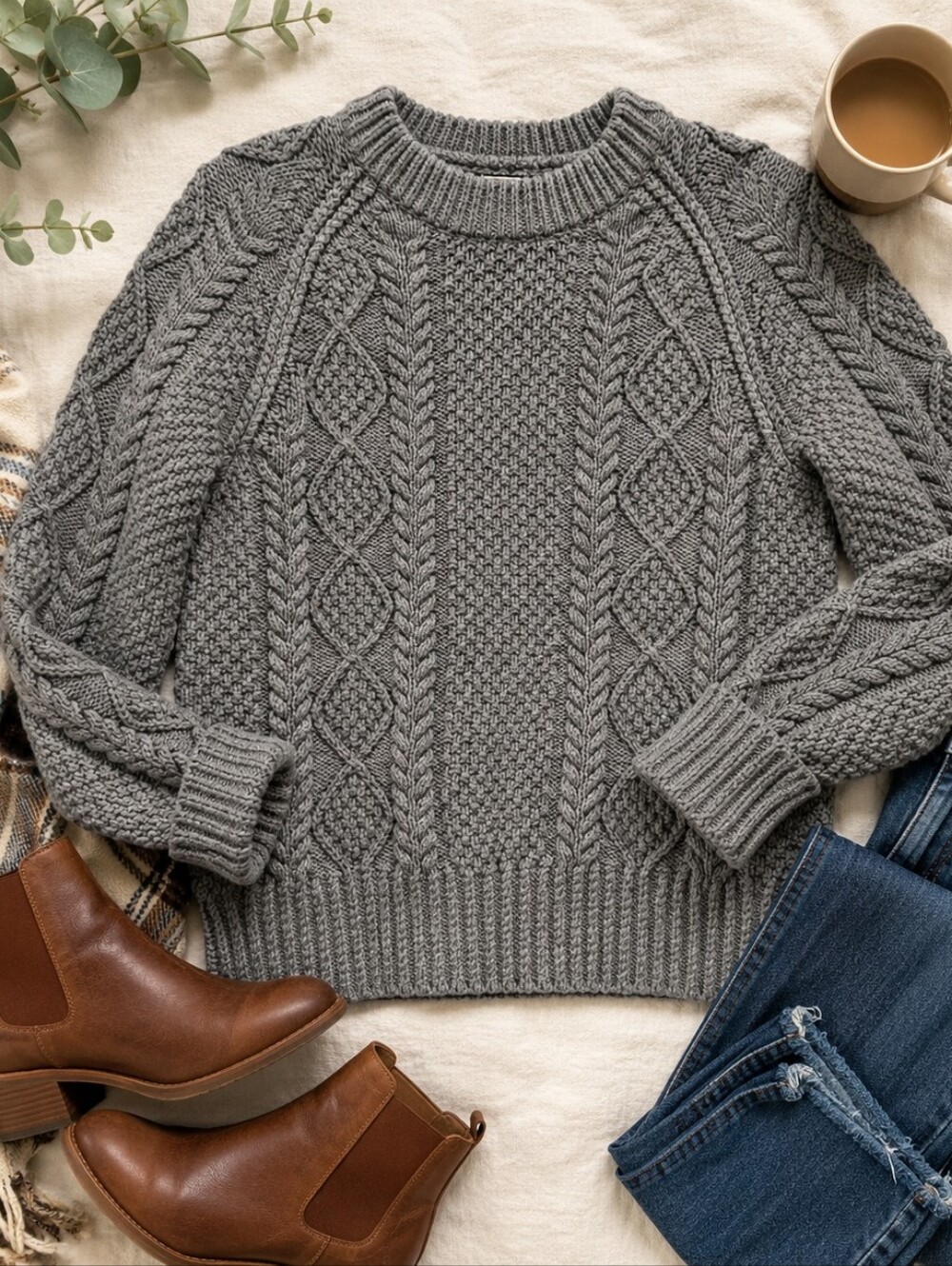 L.L. Bean Signature Fisherman Cotton Cable Knit Sweater Chunky Crewneck Small